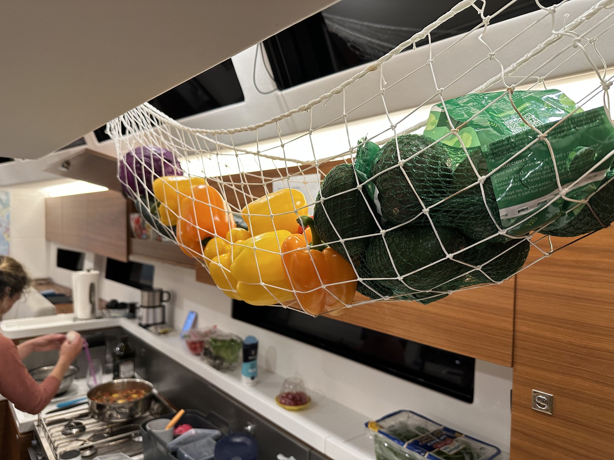 When possible, we stocked up on a fresh veggies and used our “kitchen hammock” to hold them